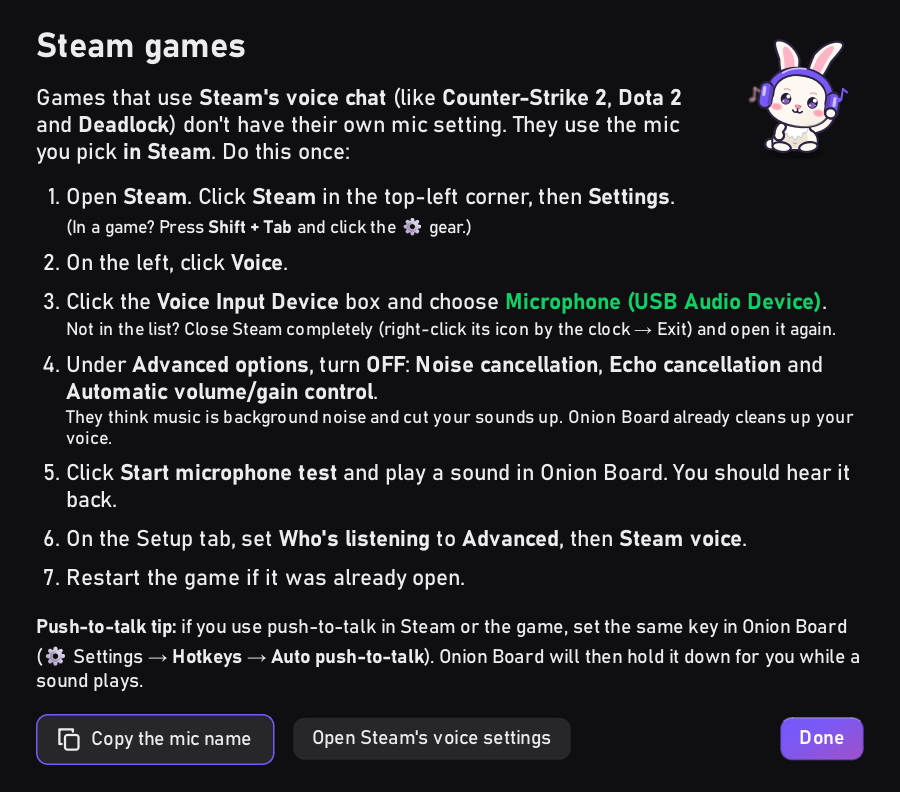 Onion Board's in-app Steam games guide