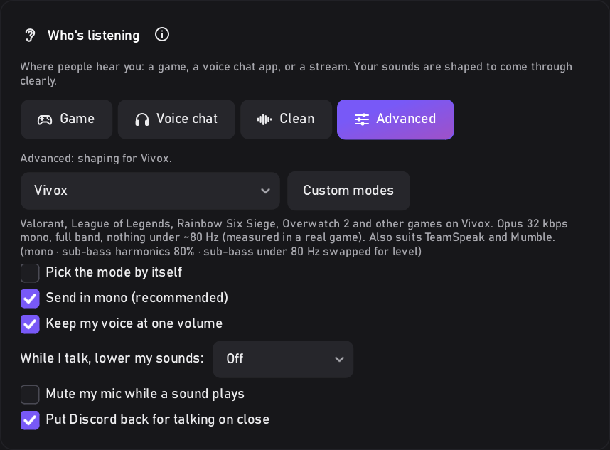 Who's listening on Advanced, with the voice chat engine list