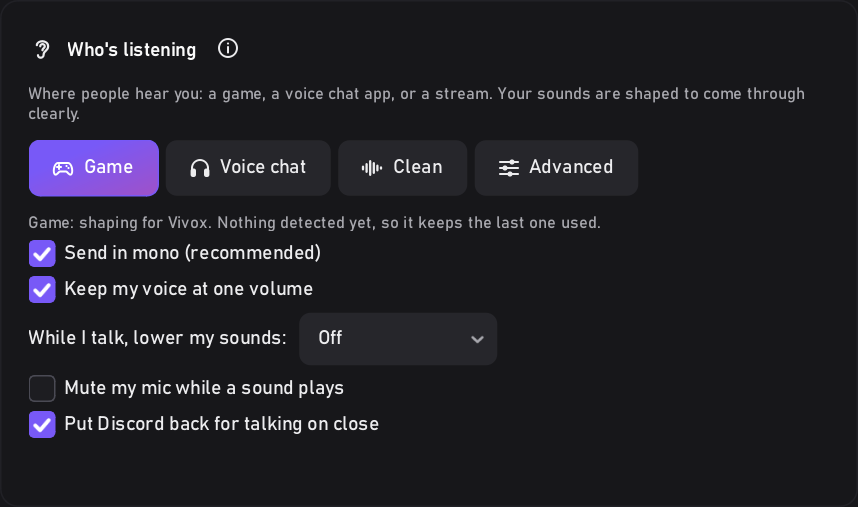 Who's listening set to Game on the Setup tab