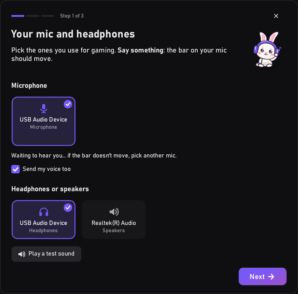Step 1 of the setup guide: pick your mic and headphones