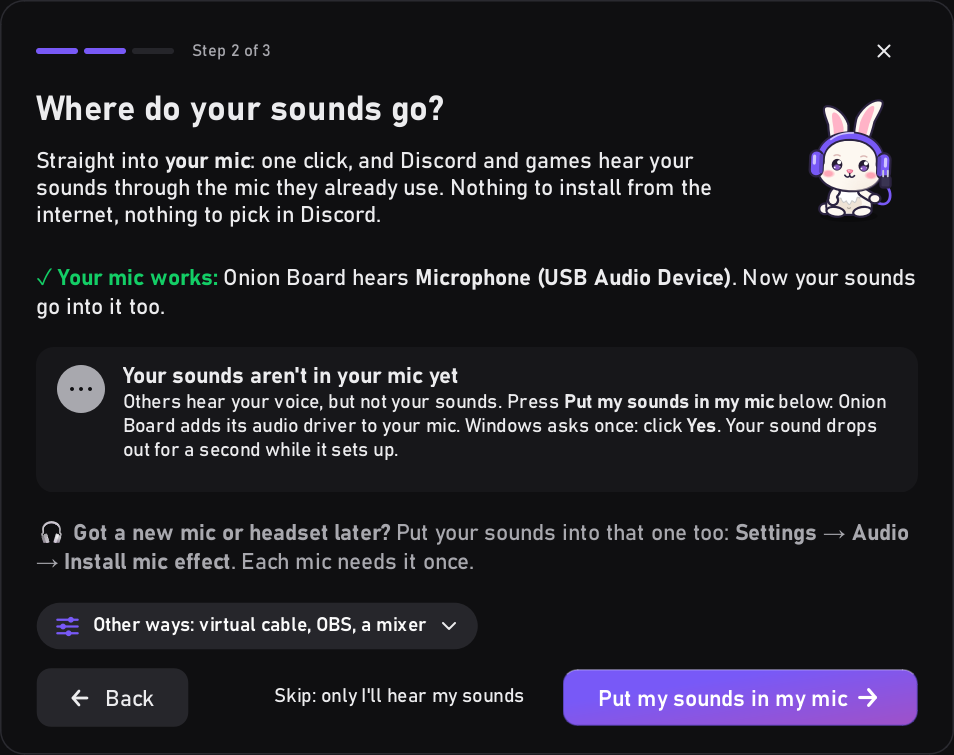 Step 2 of the setup guide: Put my sounds in my mic